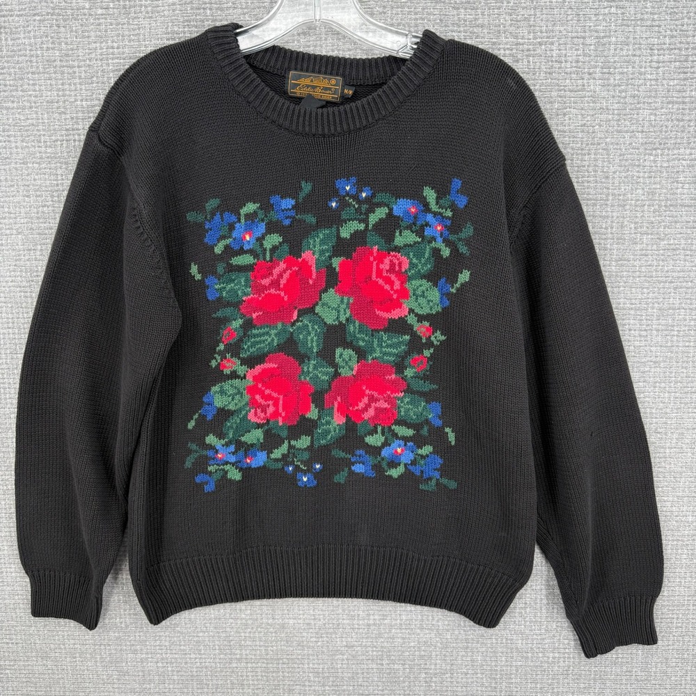 Vintage Eddie Bauer Floral Knit Sweater Women M Black Roses Cotton Cottage Boho